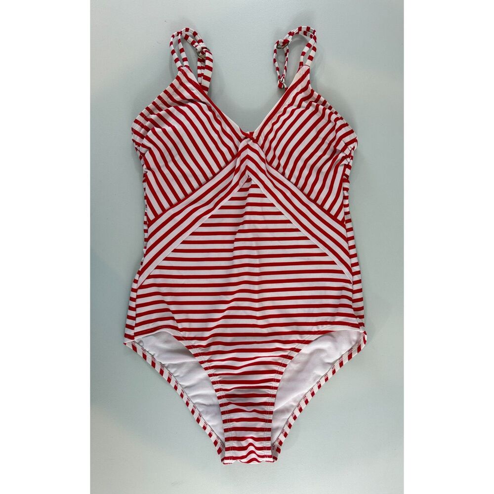 Kona Sol Women's Red White Stripe Double Strap One Piece Swimsuit Size S Small